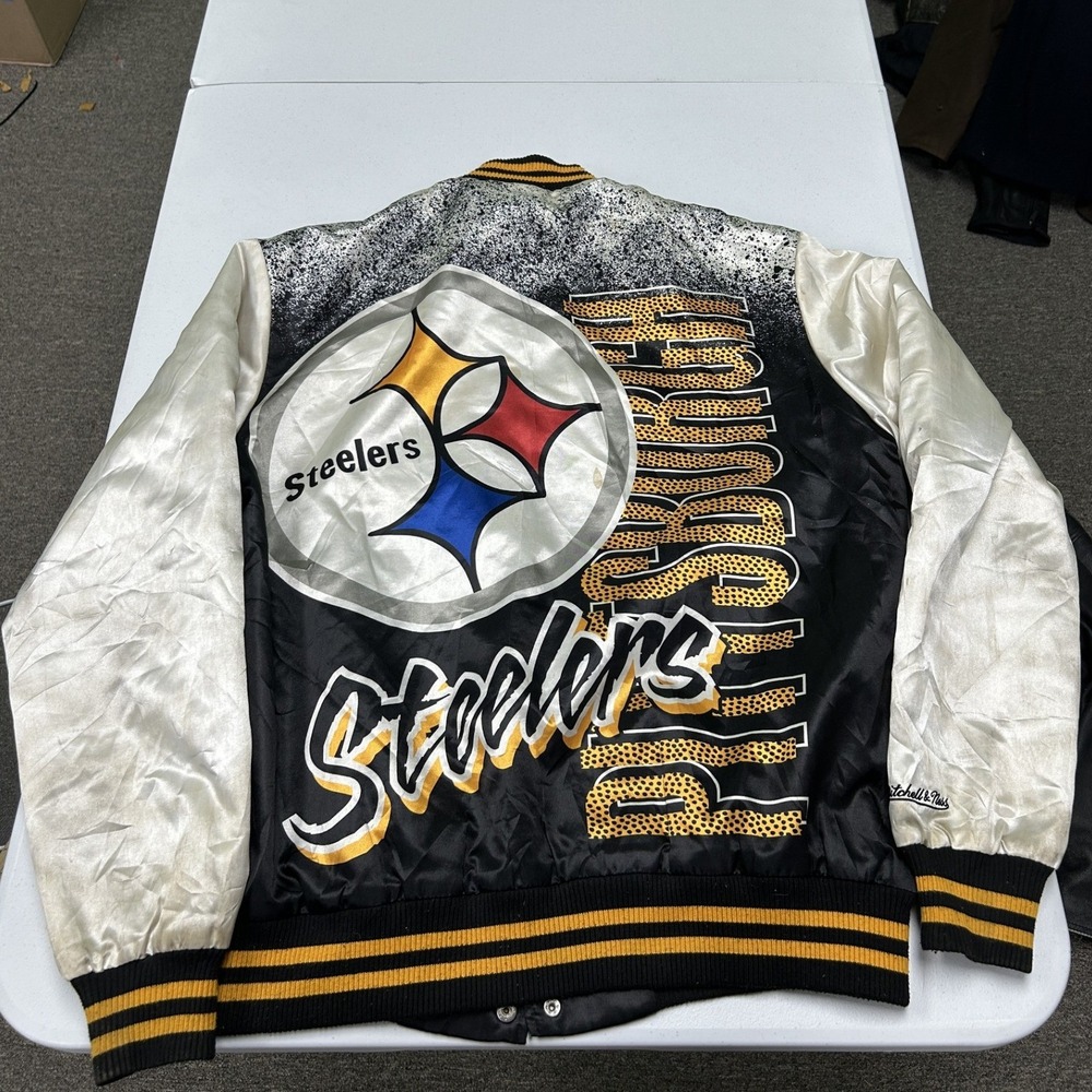 Mitchell & Ness Varsity Jacket Mens L Black Steelers Satin Throwback Snap Front